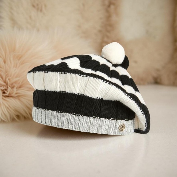 Kate Spade NWT Hat, BERET style ,Black rugby Stripe, 100% Wool, high quality - Picture 1 of 5